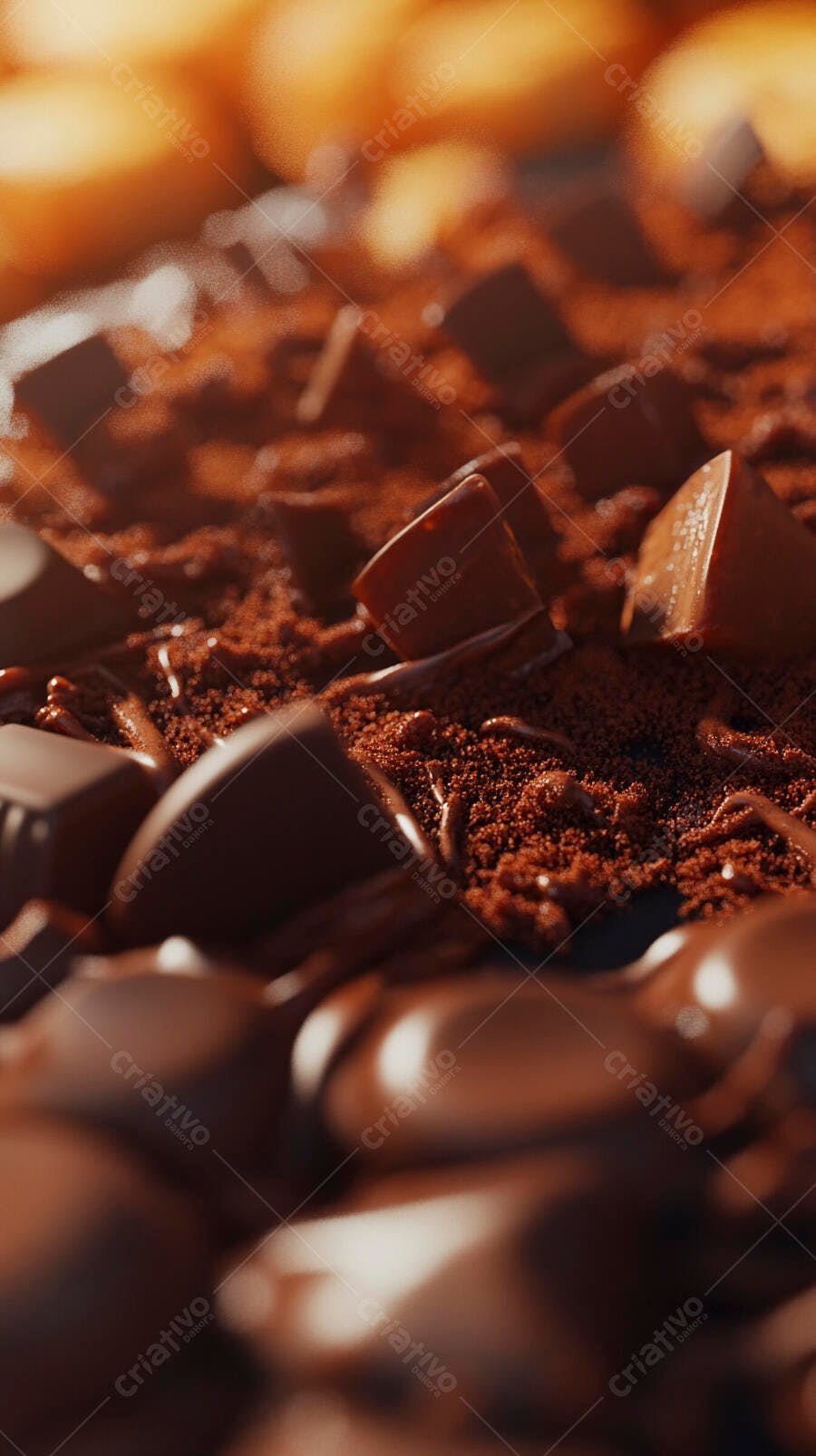 Chocolate em pedaços e cacau em pó detalhe macro tentador