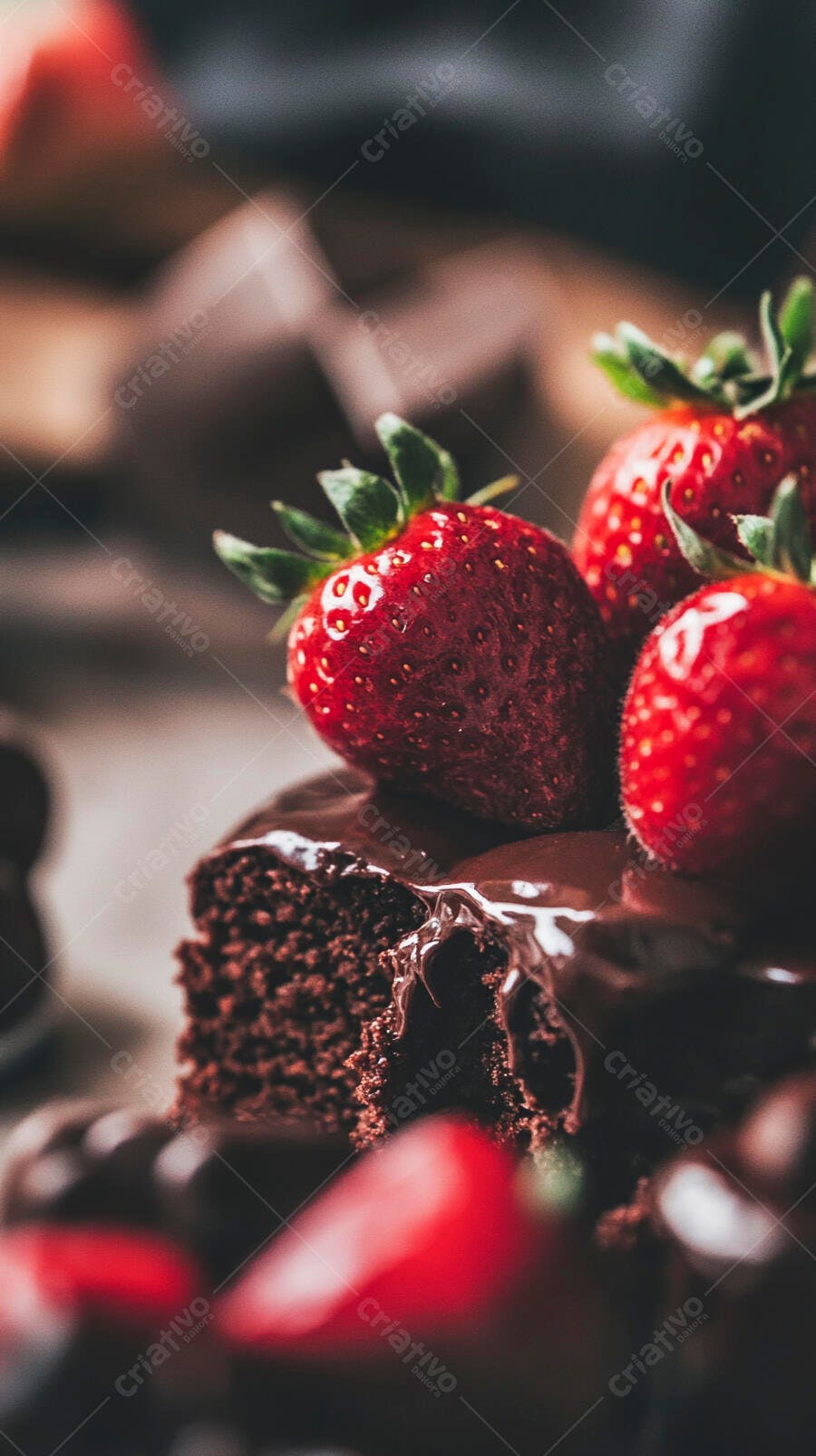 Bolo de chocolate com morangos vermelhos e calda escorrendo em close-up