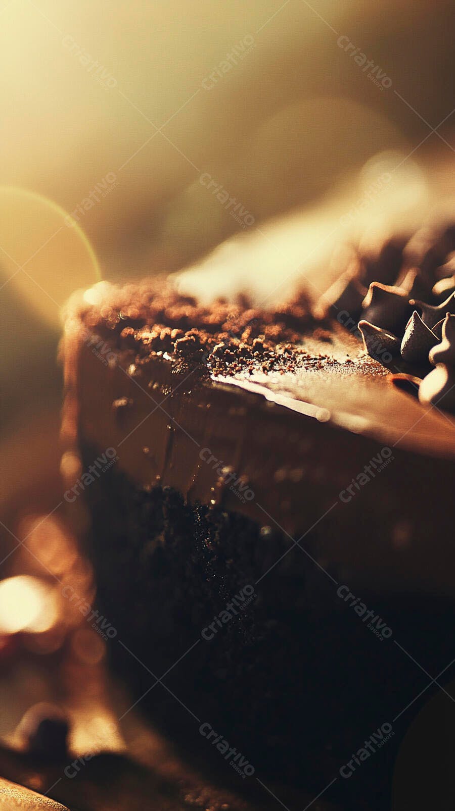 Fatia de bolo de chocolate com ganache e granulado luz dourada