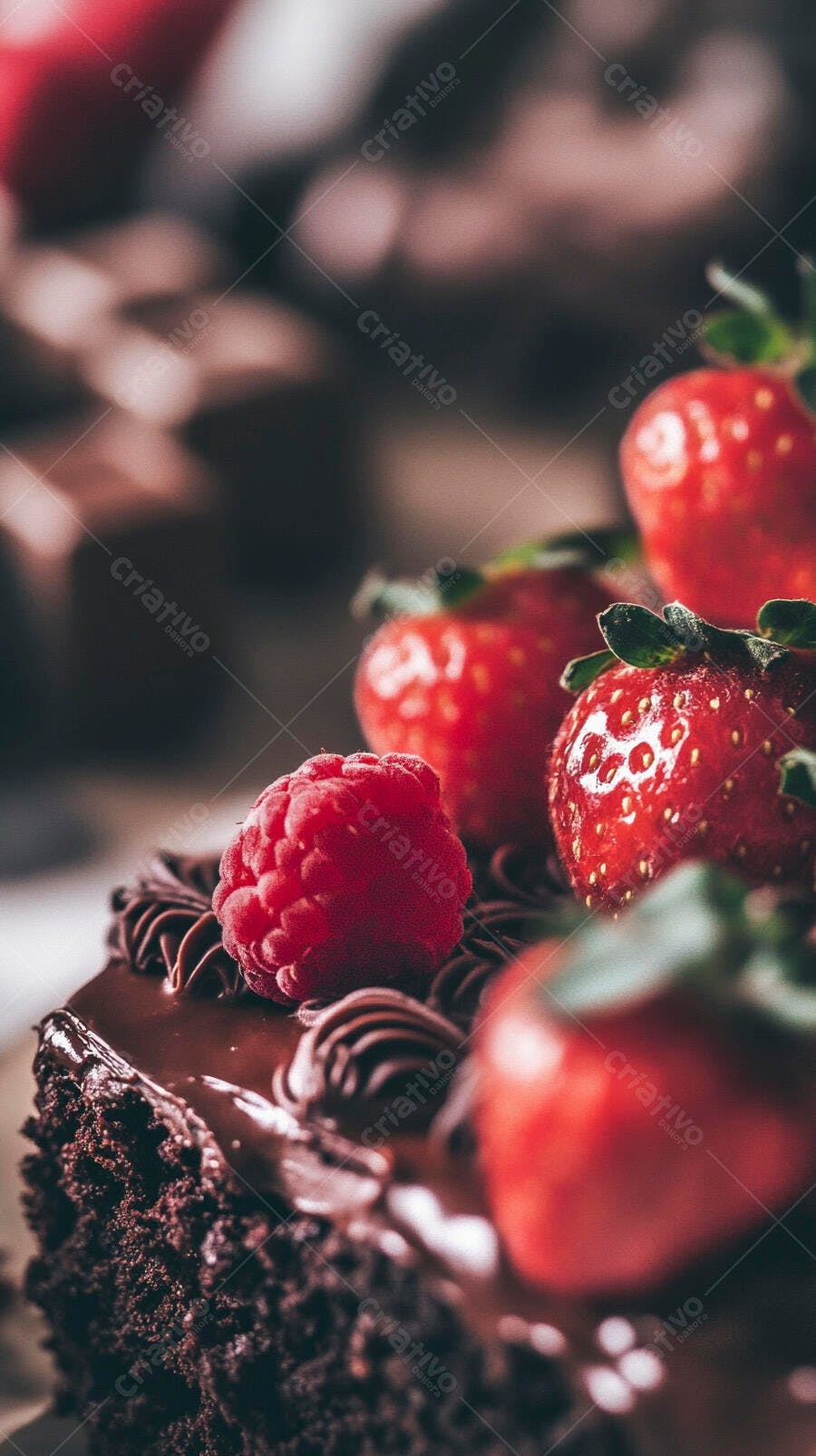 Fatia de bolo de chocolate com framboesa e morangos frescos