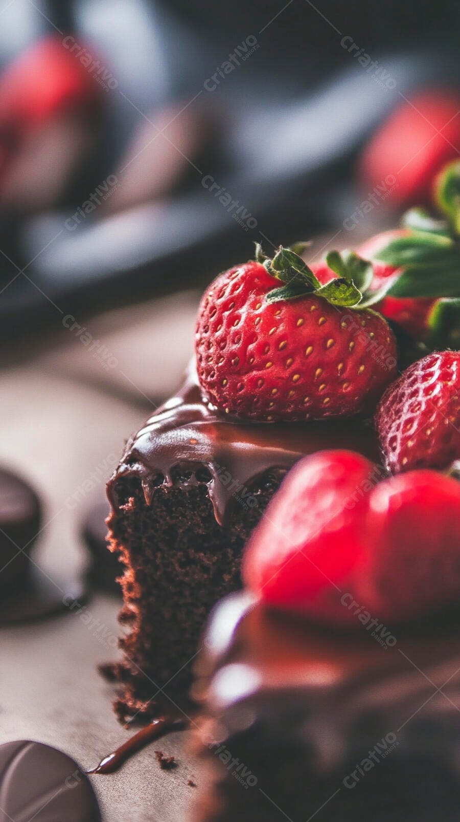 Bolo de chocolate com morangos frescos e cobertura cremosa decadente