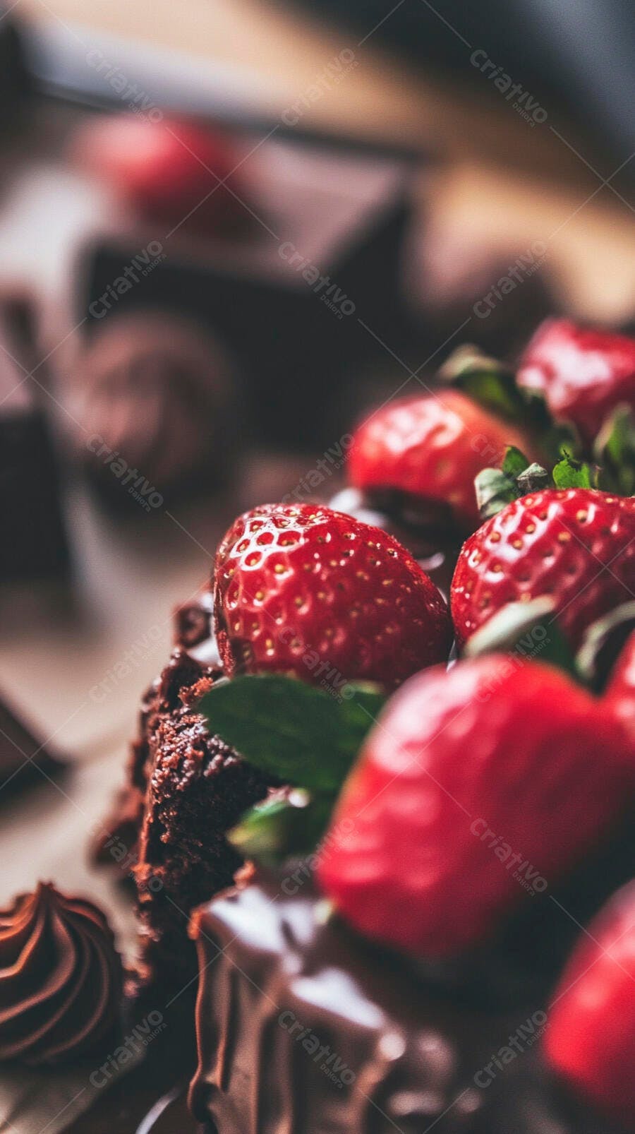 Bolo de chocolate com morangos frescos e hortelã sobremesa decadente
