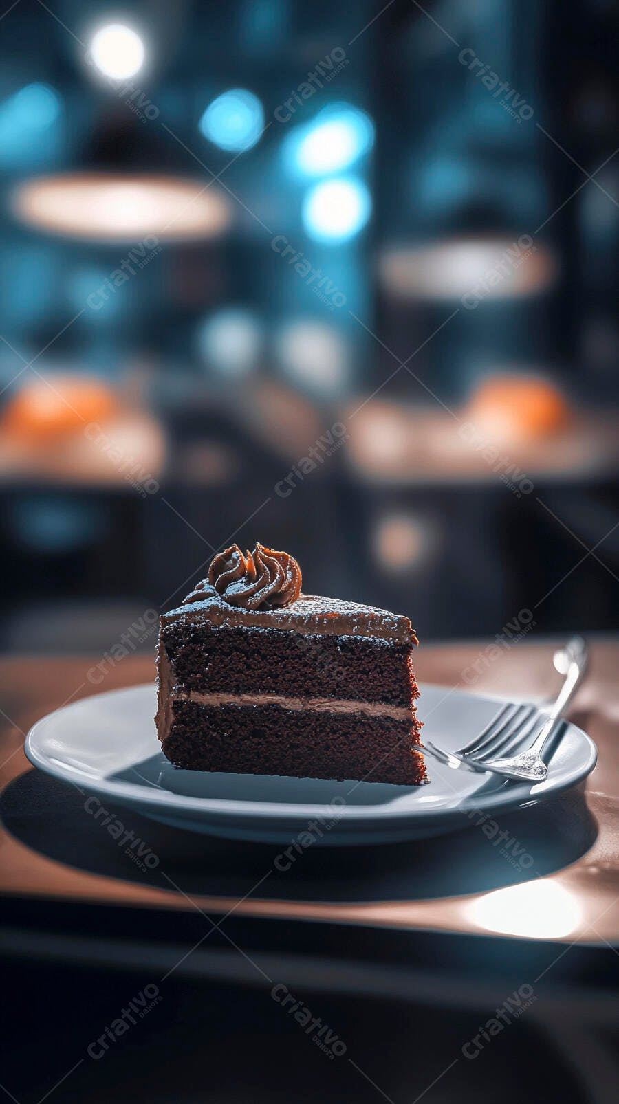 Fatia de bolo de chocolate com garfo em prato branco no café