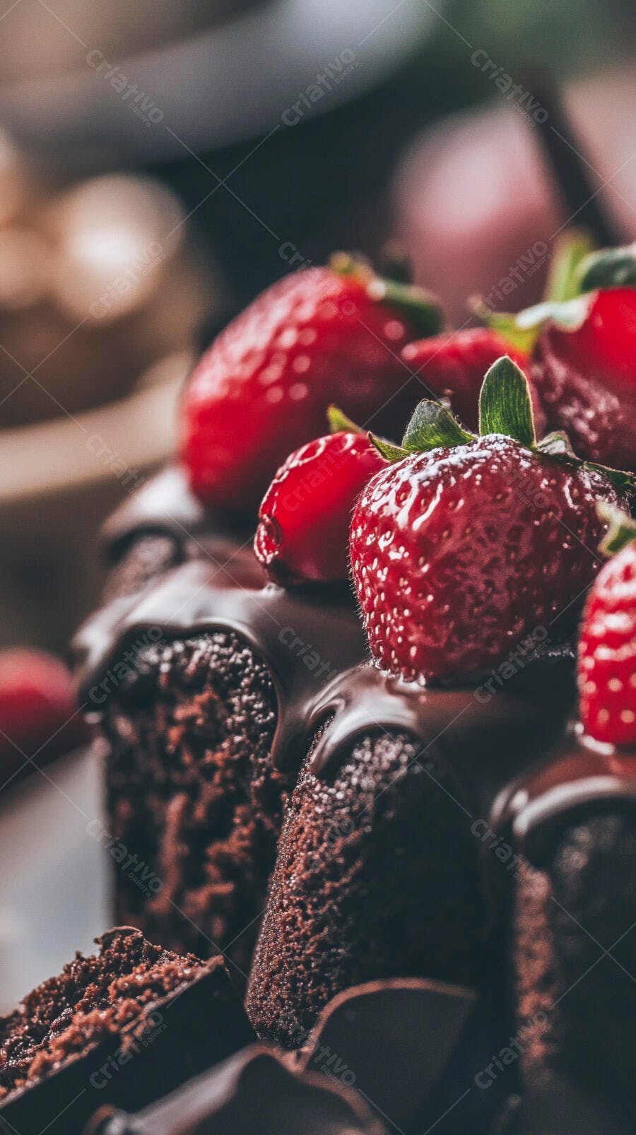 Bolo de chocolate com morangos frescos e cobertura cremosa
