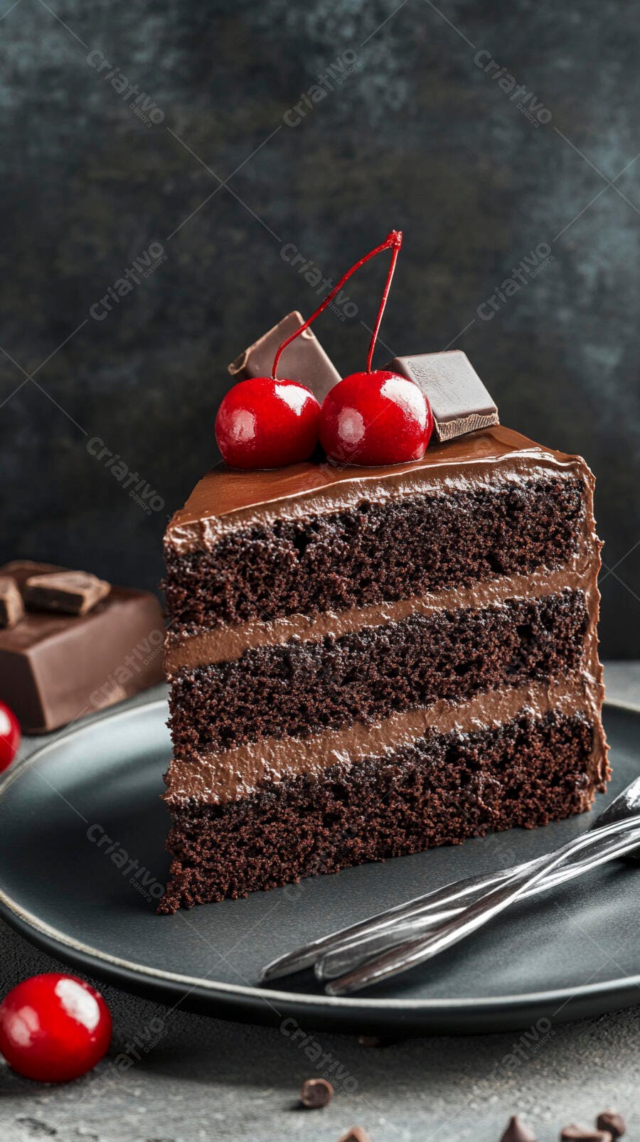Fatia de bolo de chocolate com cerejas cobertura e talheres no prato escuro