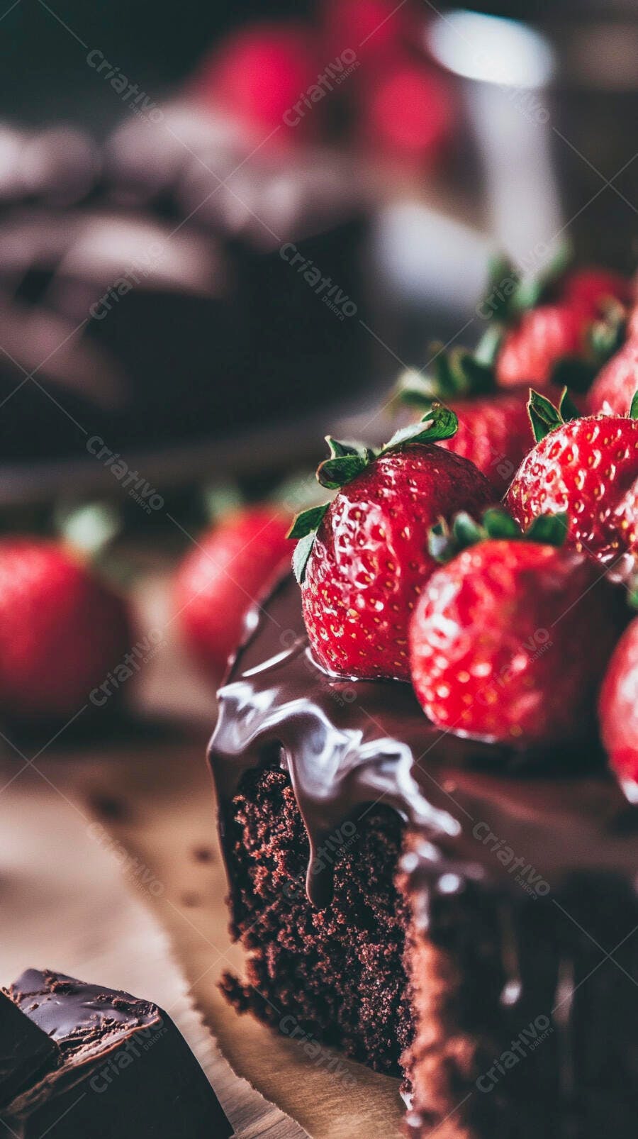 Bolo de chocolate decadente com morangos frescos e cobertura escorrendo