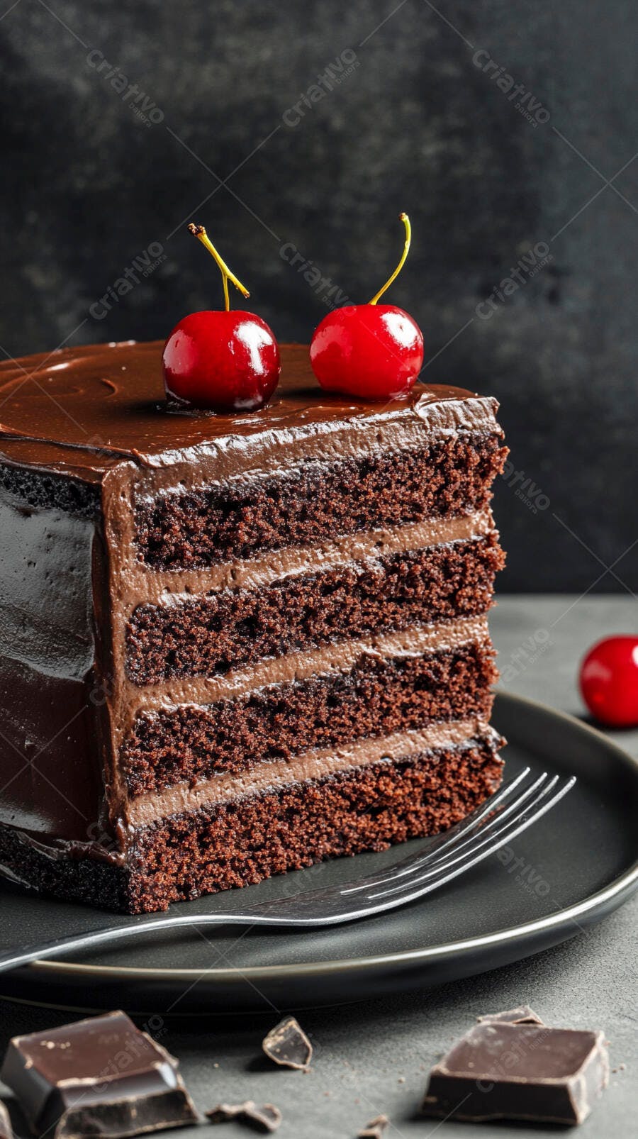 Fatia de bolo de chocolate com cerejas frescas em prato escuro