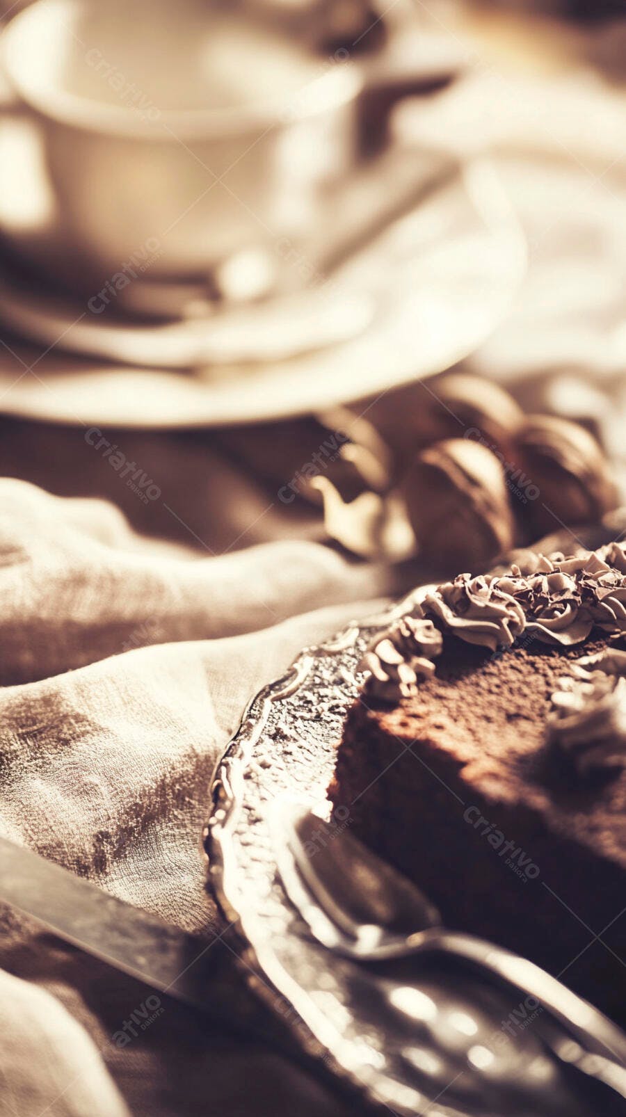 Bolo de chocolate cremoso com nozes e xícara de café em ambiente aconchegante