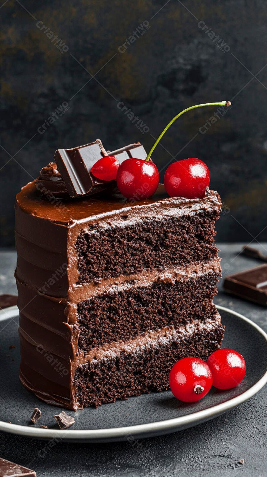 Fatia de bolo de chocolate com cerejas vermelhas e pedaços de chocolate