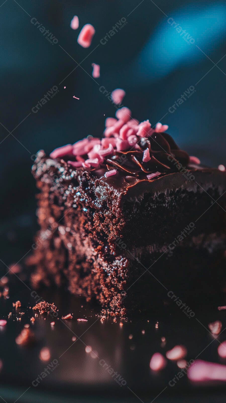 Bolo de chocolate decadente com cobertura escura e granulados rosas caindo