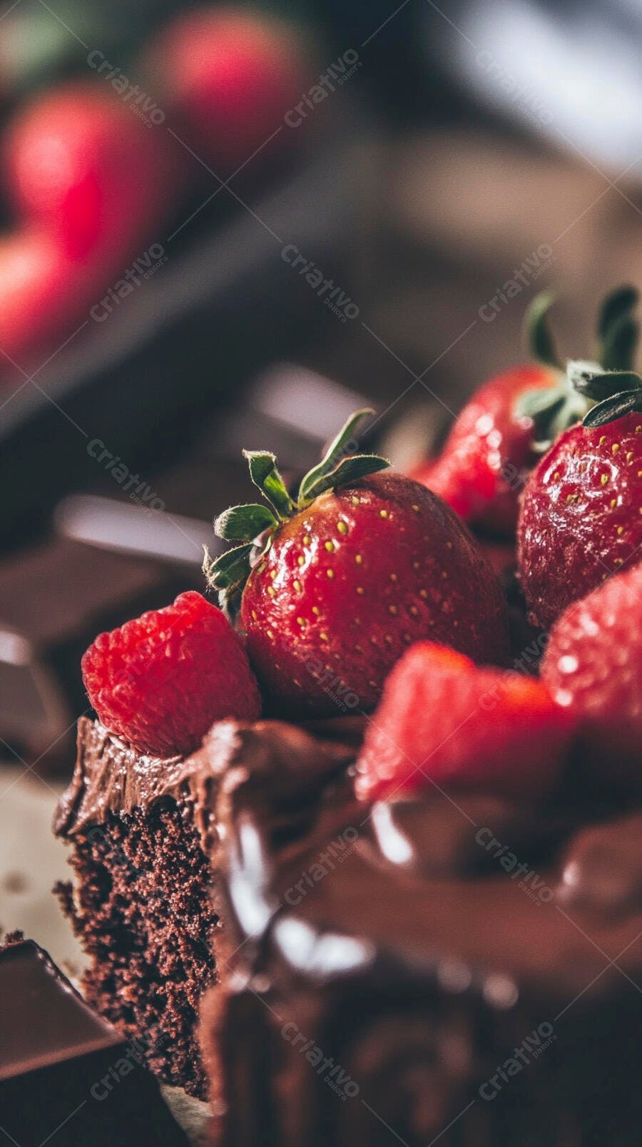 Bolo de chocolate com morangos frescos e framboesa sobre mesa escura