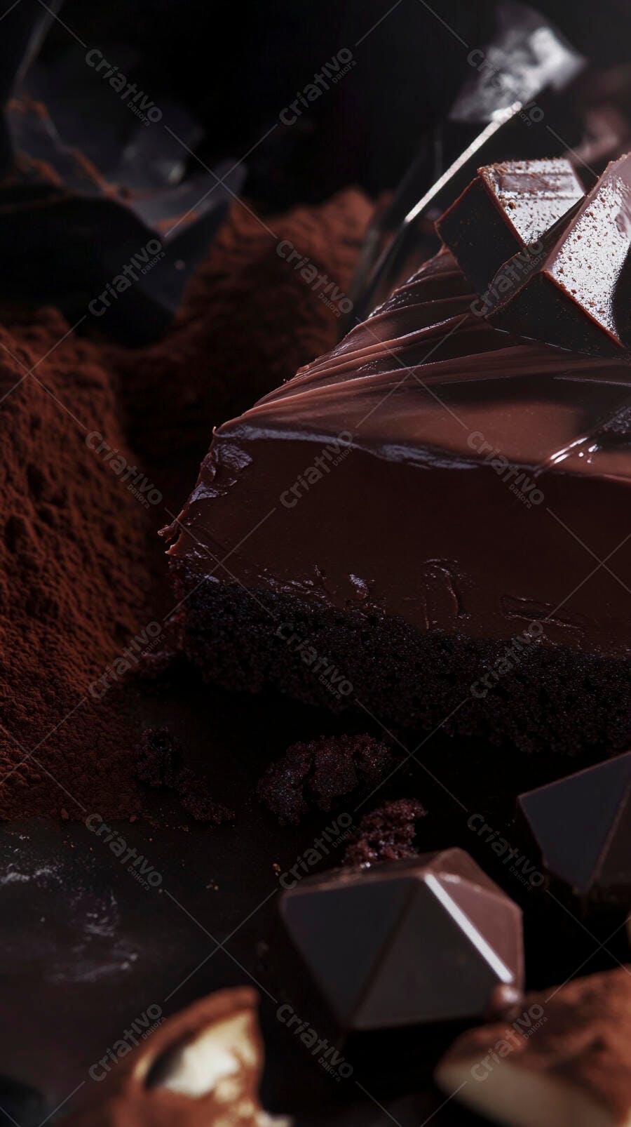 Fatia de bolo de chocolate decadente com cobertura brilhante e cacau em pó