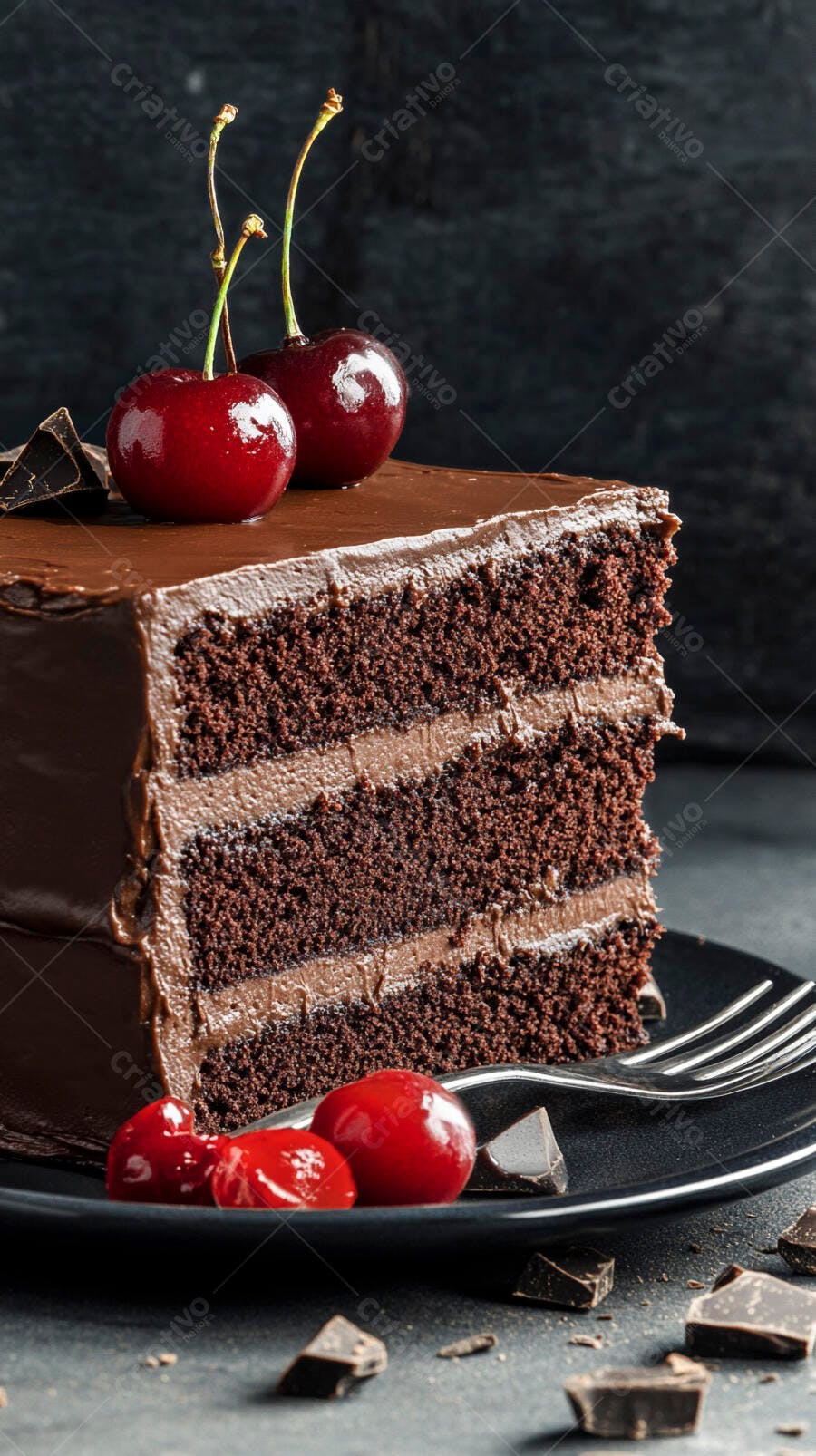 Fatia de bolo de chocolate com cerejas frescas em prato escuro