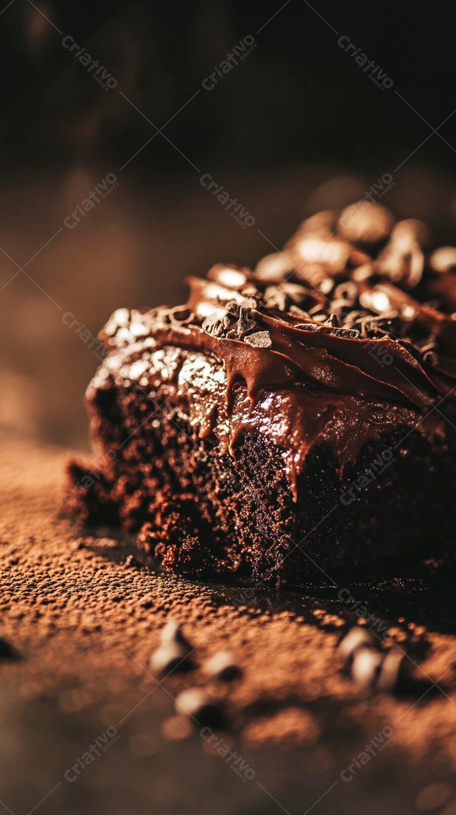 Fatia de bolo de chocolate com cobertura e granulado sobre mesa rústica