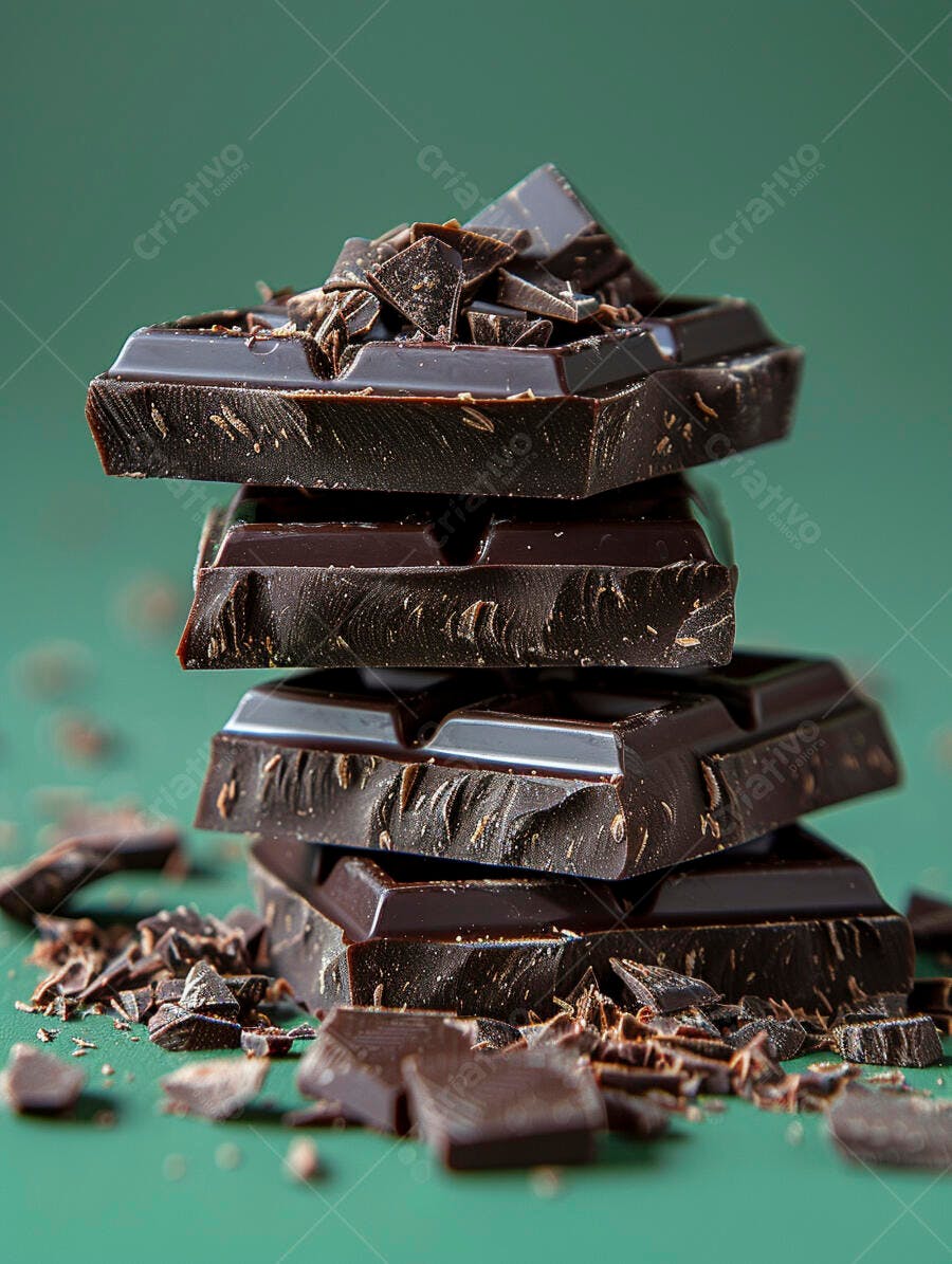Barras de chocolate amargo empilhadas com pedaços picados em fundo verde