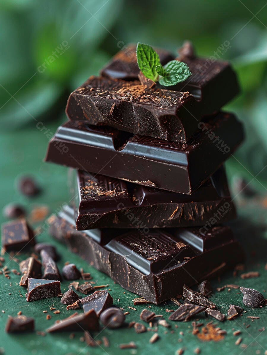 Chocolate amargo em barra com folha de hortelã sobre fundo verde escuro