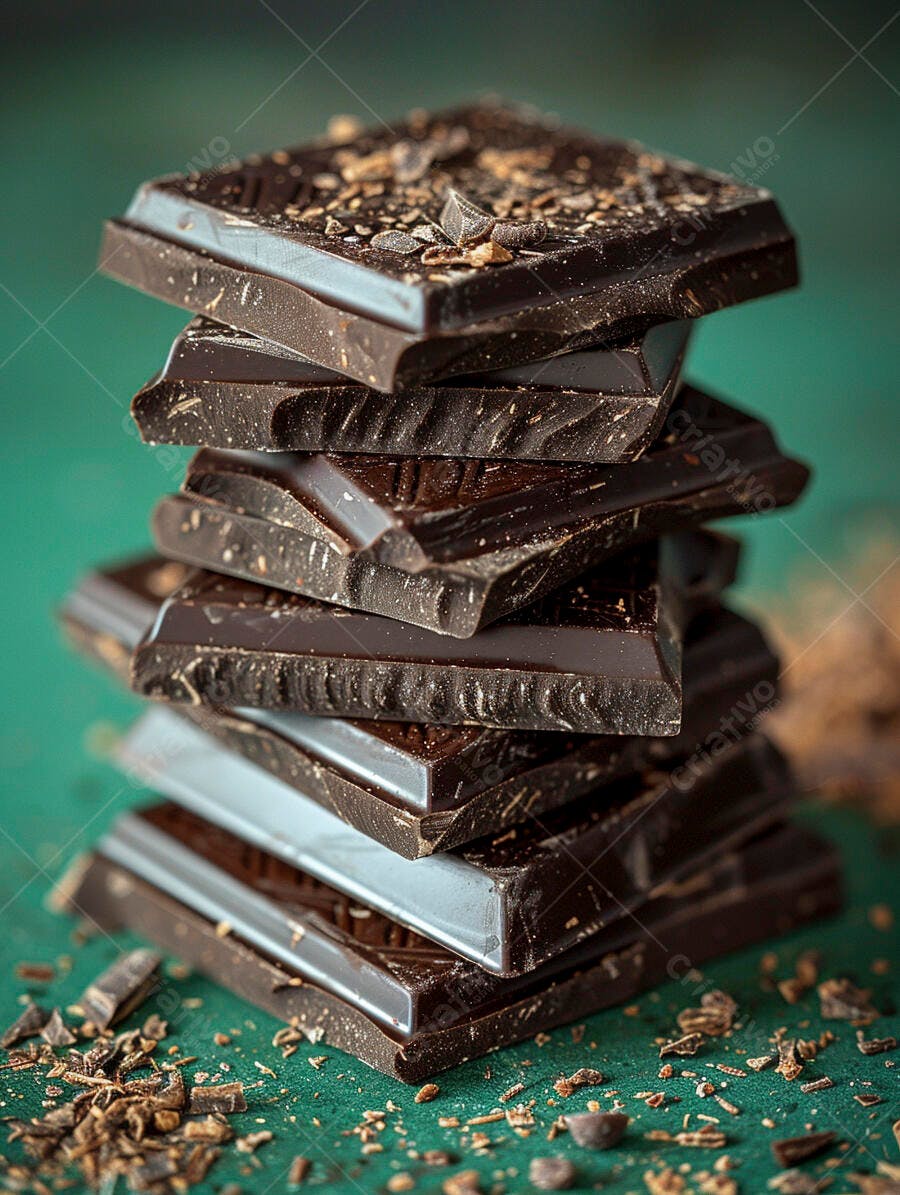 Pilha de chocolate amargo com raspas em fundo verde escuro