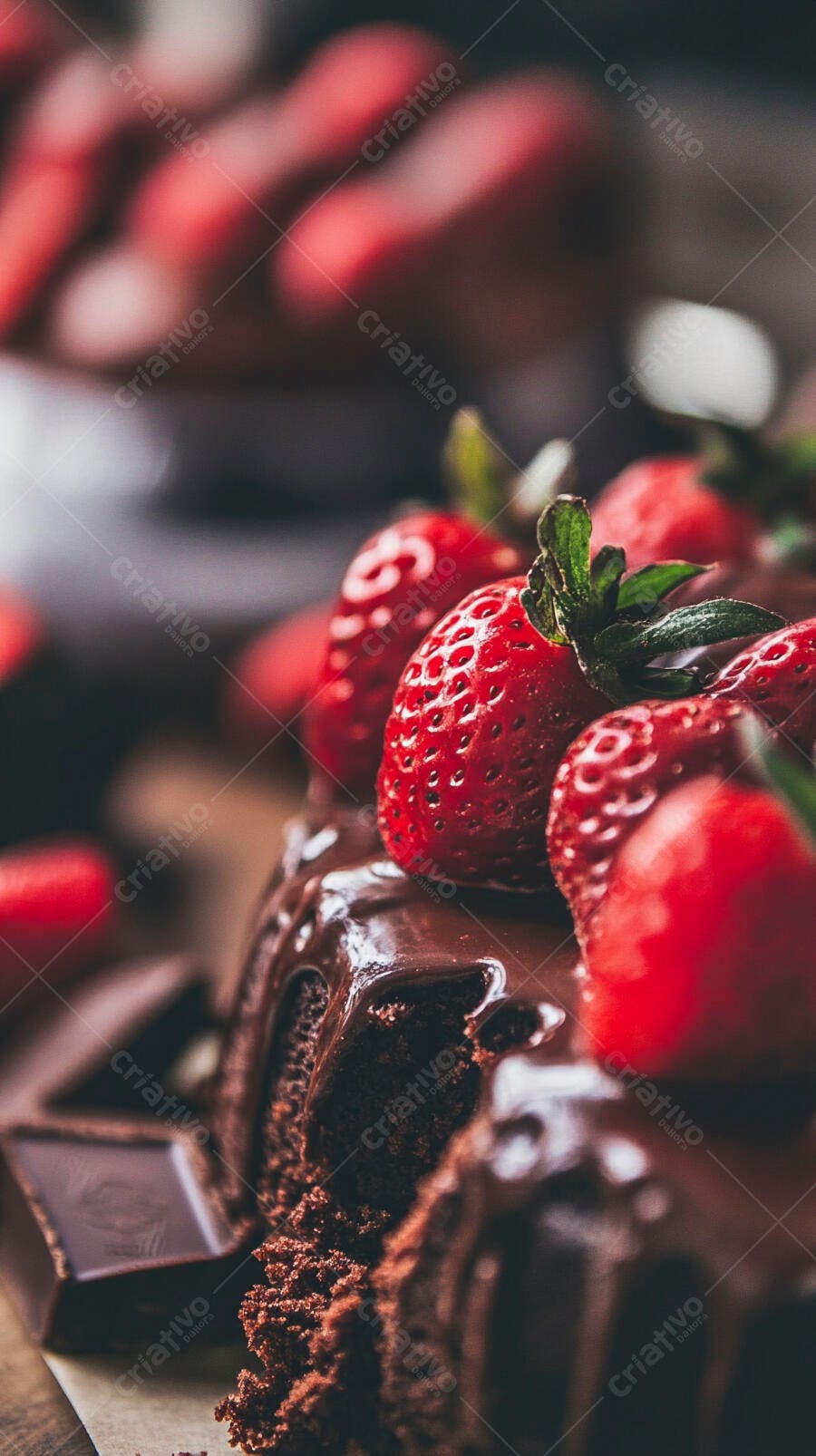 Bolo de chocolate com morangos frescos e cobertura cremosa