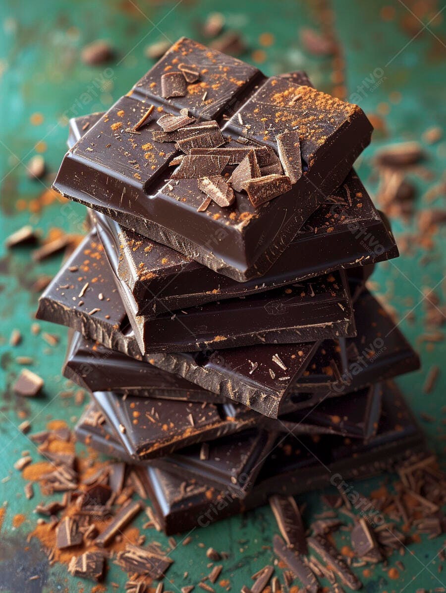 Barras de chocolate escuro empilhadas com raspas e cacau em pó fundo verde