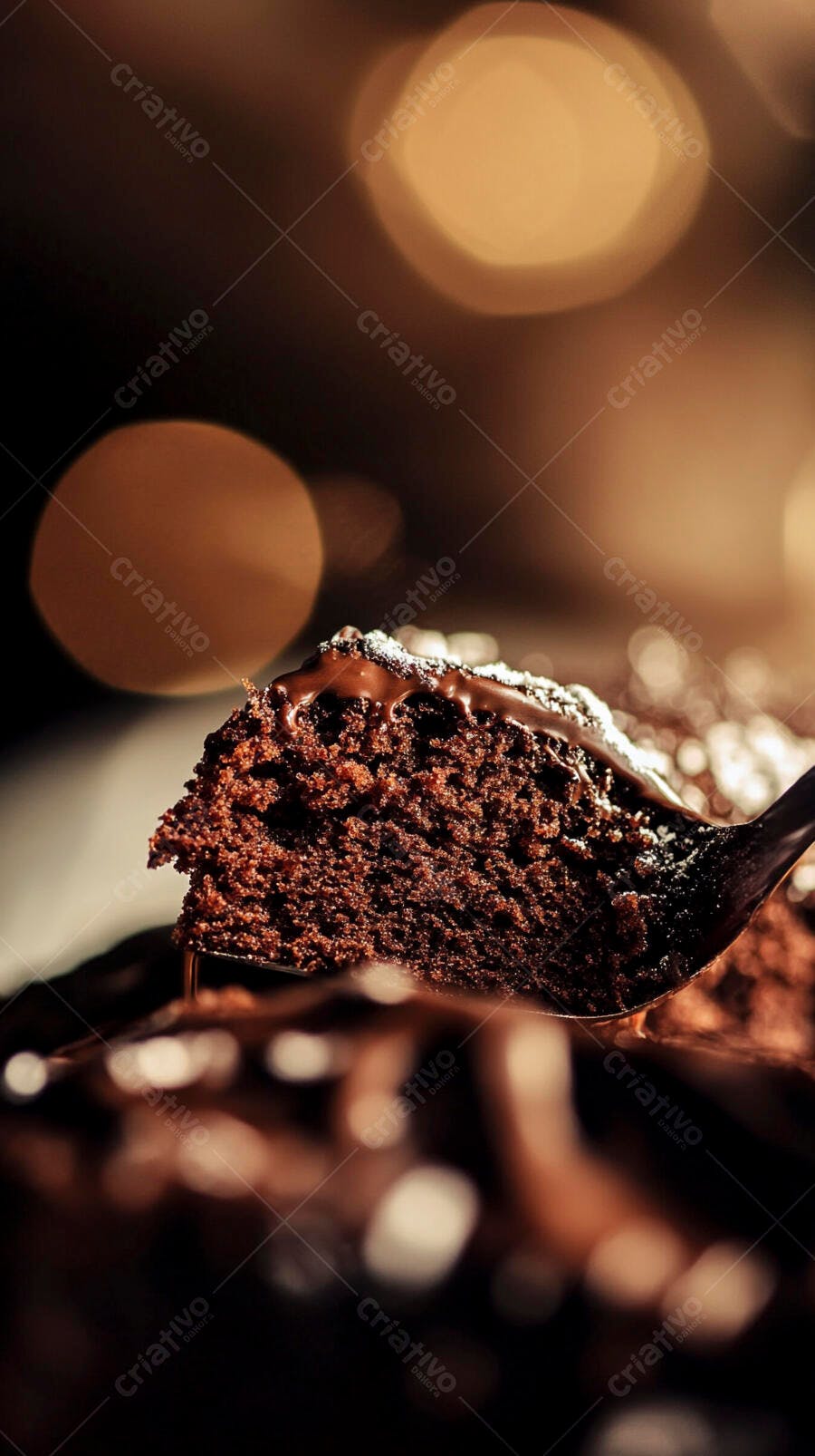 Fatia de bolo de chocolate úmido com calda e açúcar em fundo bokeh