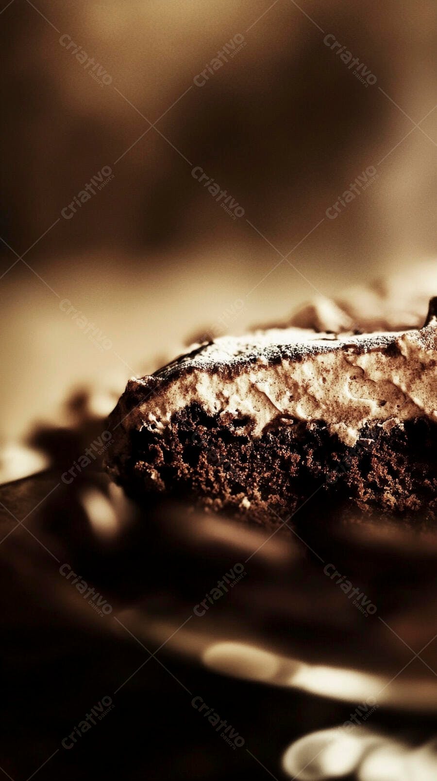 Bolo de chocolate com cobertura cremosa e açúcar de confeiteiro