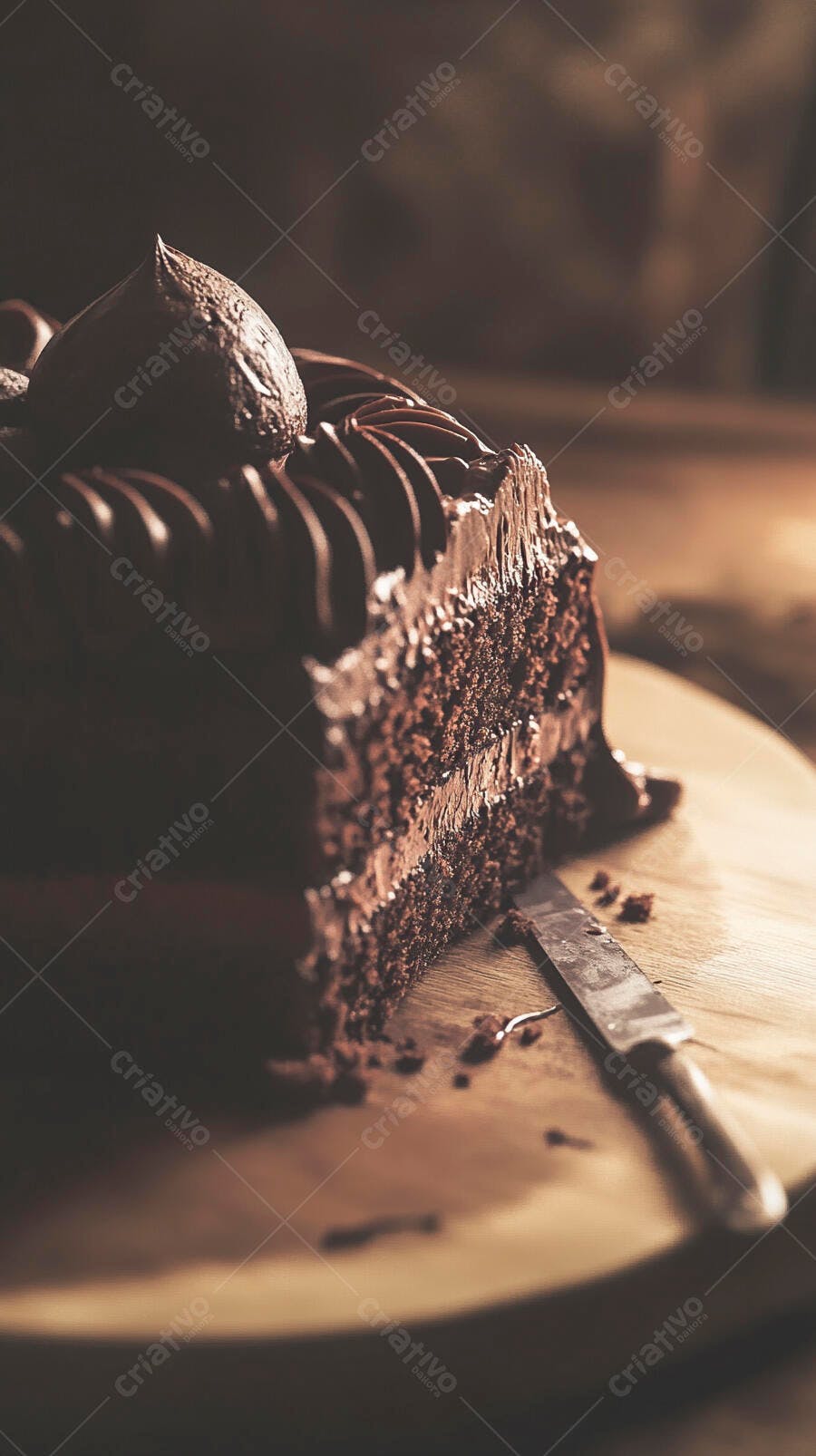 Fatia de bolo de chocolate com cobertura cremosa e faca na tábua de madeira