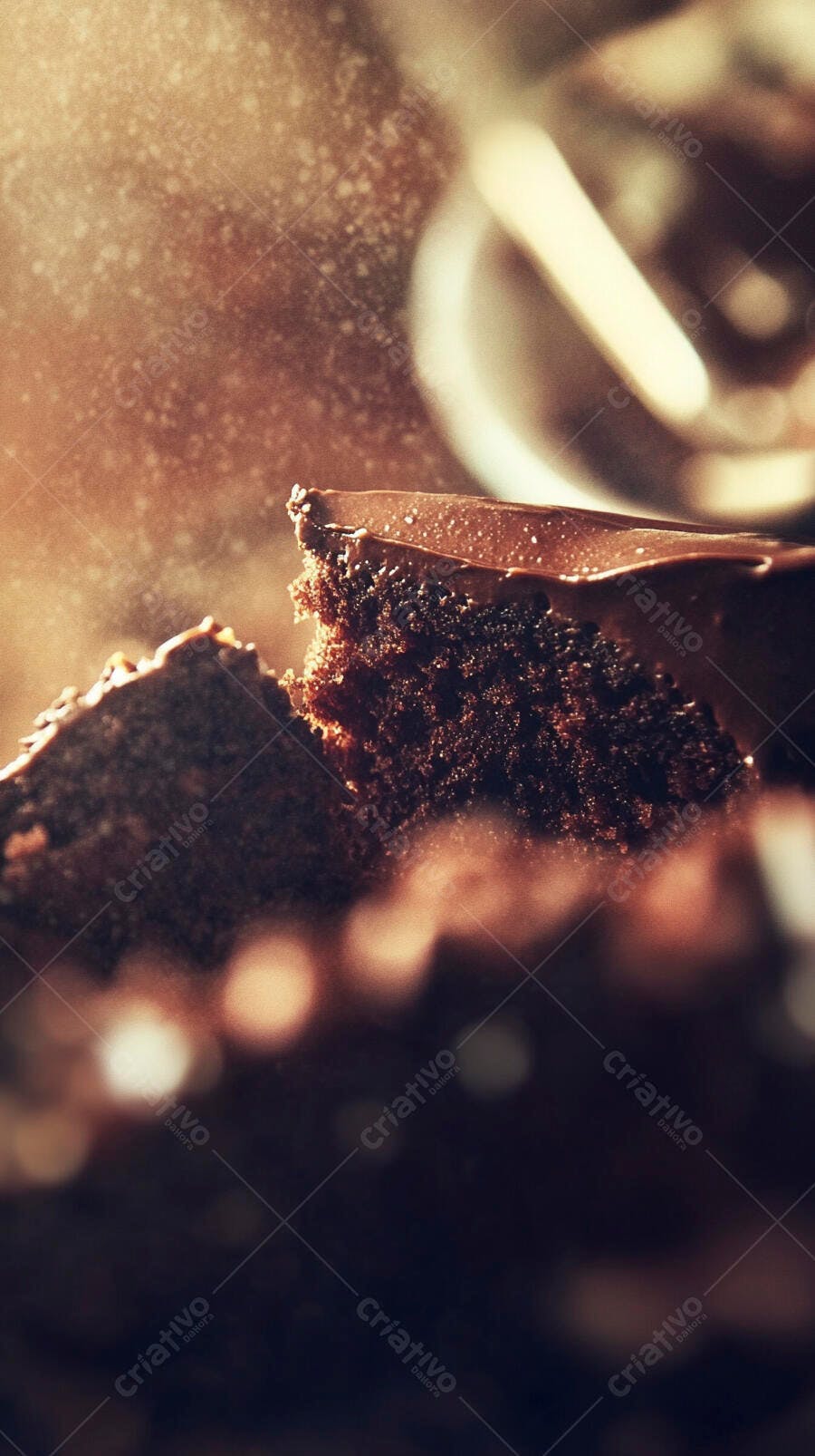 Pedaço de bolo de chocolate rico com calda escura e partículas de açúcar na luz quente