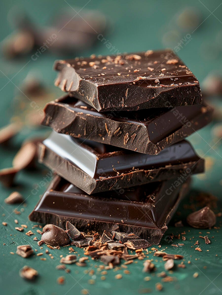 Chocolate amargo em pedaços empilhados com raspas em fundo verde escuro