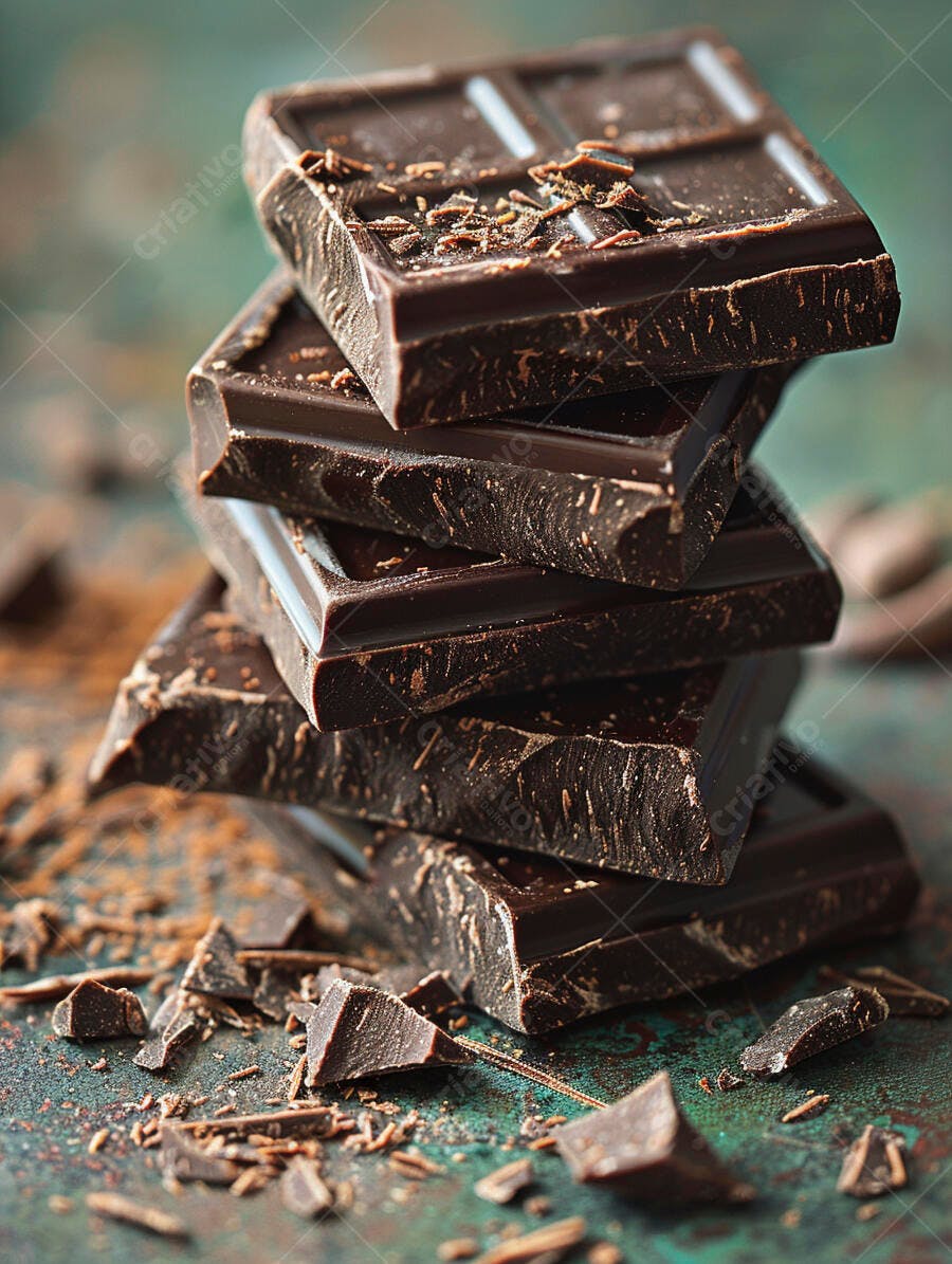 Barras de chocolate amargo empilhadas com raspas em fundo rústico verde