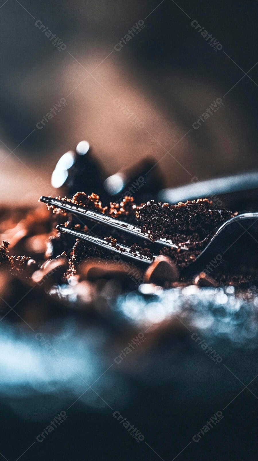 Garfo metálico em migalhas de chocolate escuras com bokeh quente