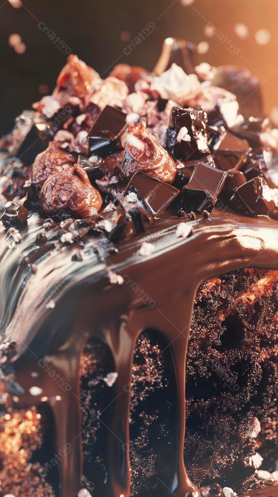 Bolo de chocolate farto com calda escorrendo e pedaços de chocolate escuro