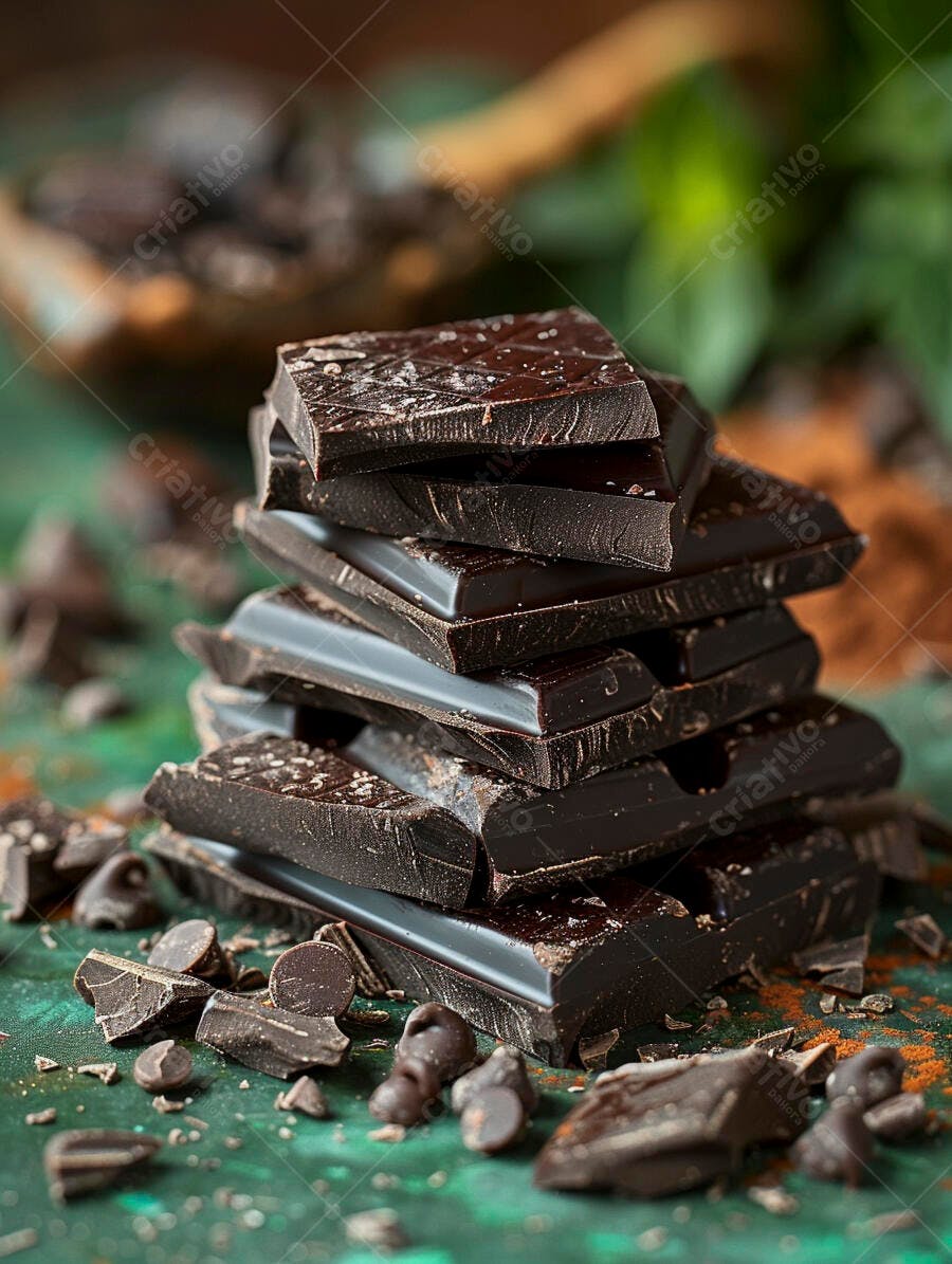 Barras de chocolate amargo empilhadas com cacau em pó fundo verde escuro