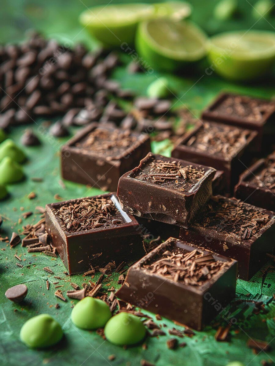 Bombons de chocolate escuro com raspas e limão em fundo verde