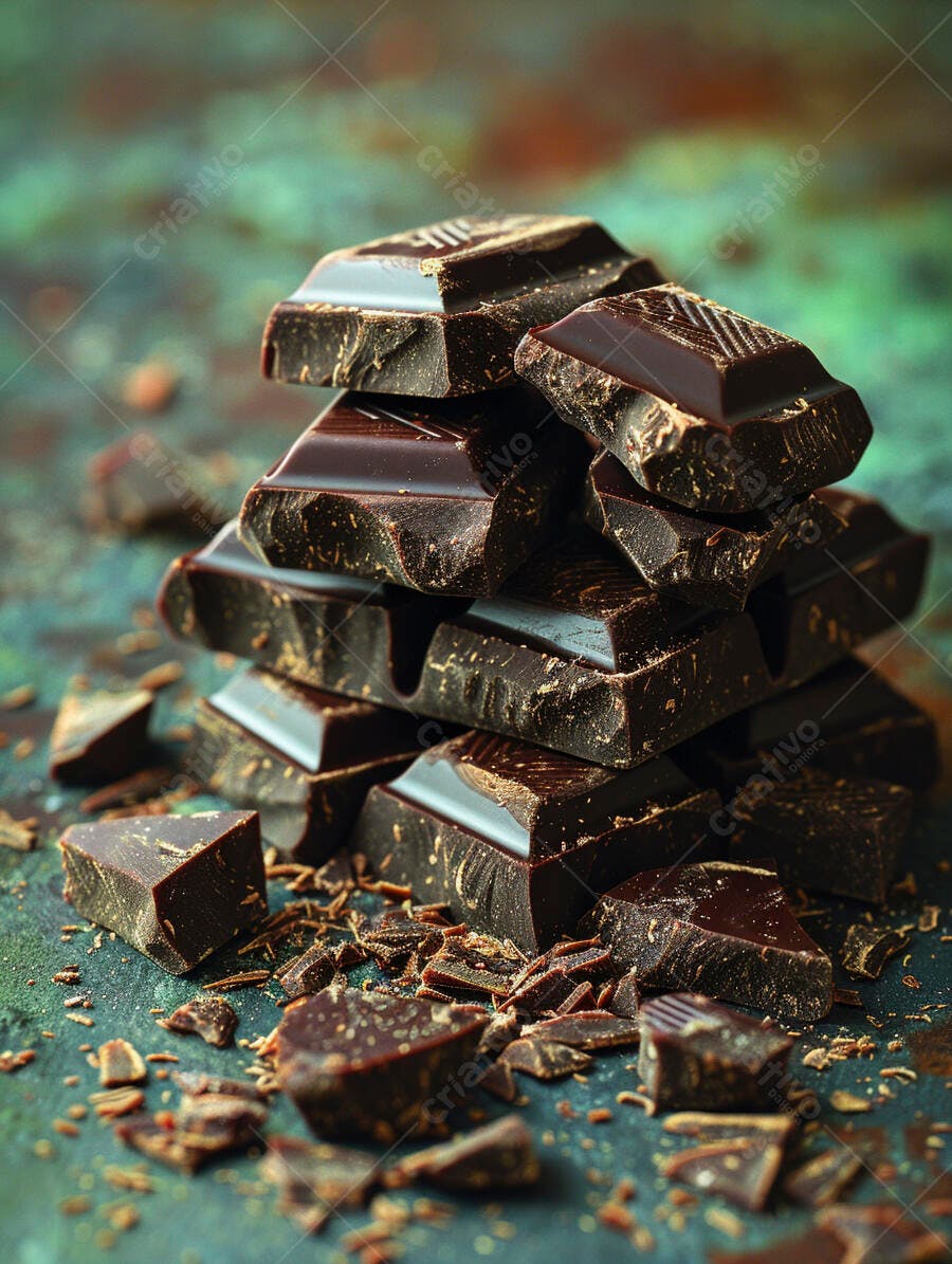Chocolate amargo em barra empilhado com pedaços sobre fundo rústico verde