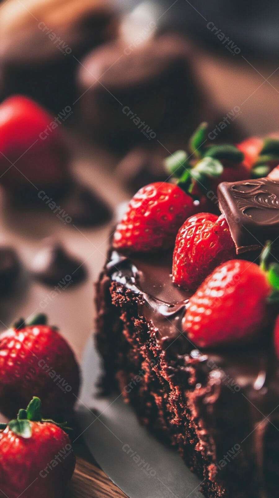 Bolo de chocolate com morangos frescos e ganache cremoso