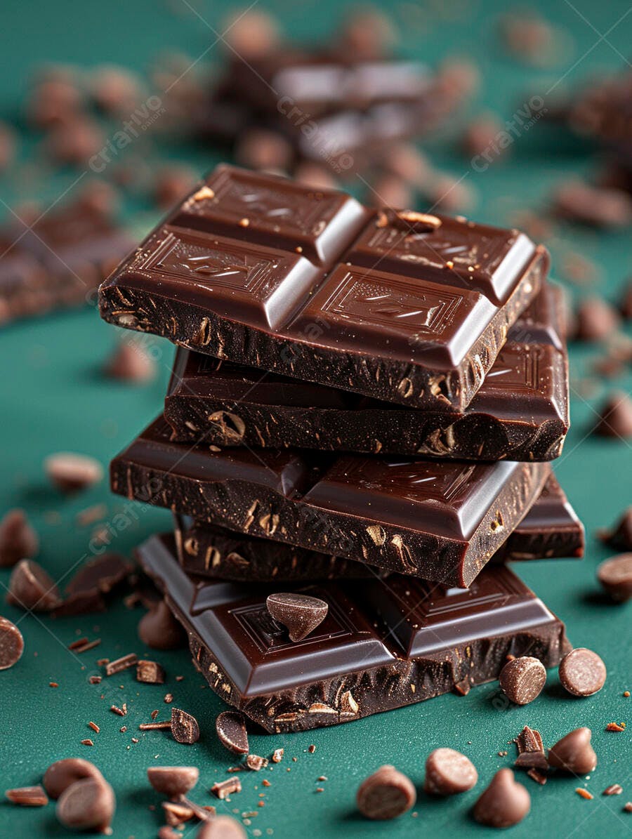 Chocolate escuro em barra com pedaços e gotas sobre fundo verde
