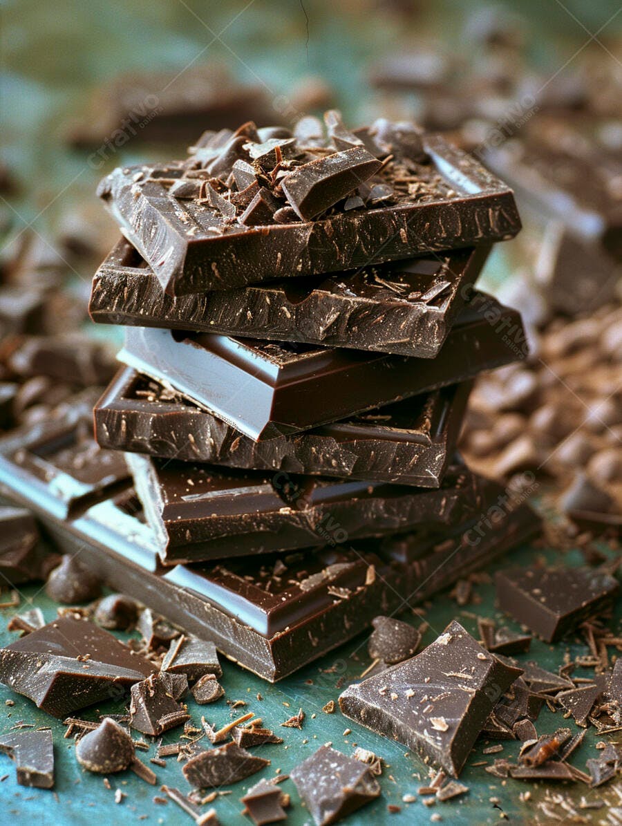 Chocolate amargo em barra empilhado com raspas em fundo verde textura