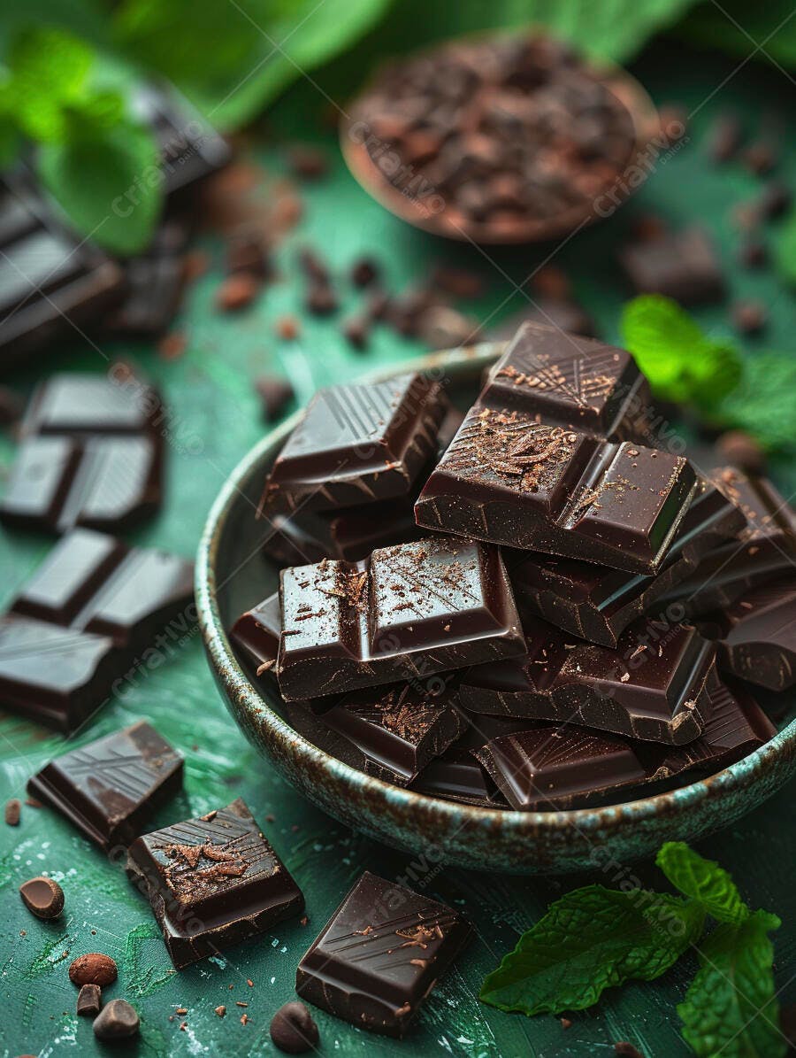 Chocolate amargo em tigela com raspas e folhas de hortelã fresca