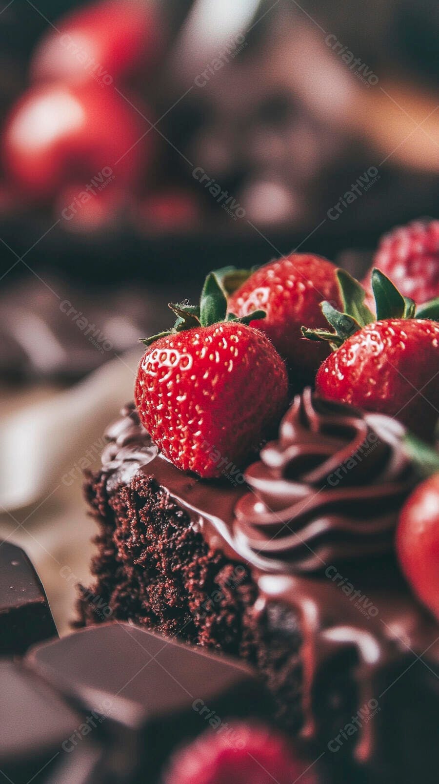 Bolo de chocolate com morangos vermelhos frescos e calda cremosa