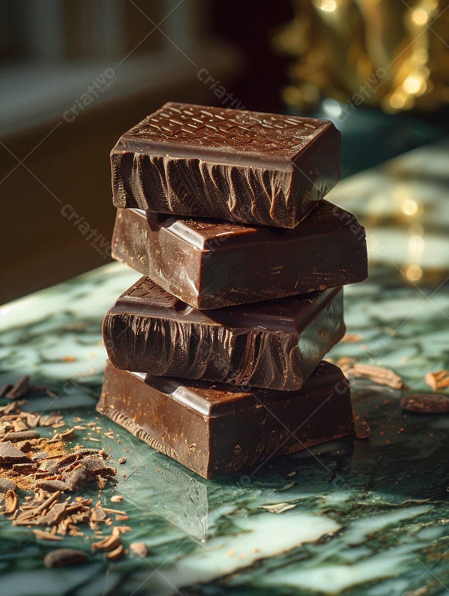 Barras de chocolate escuro empilhadas sobre mármore verde com raspas na luz