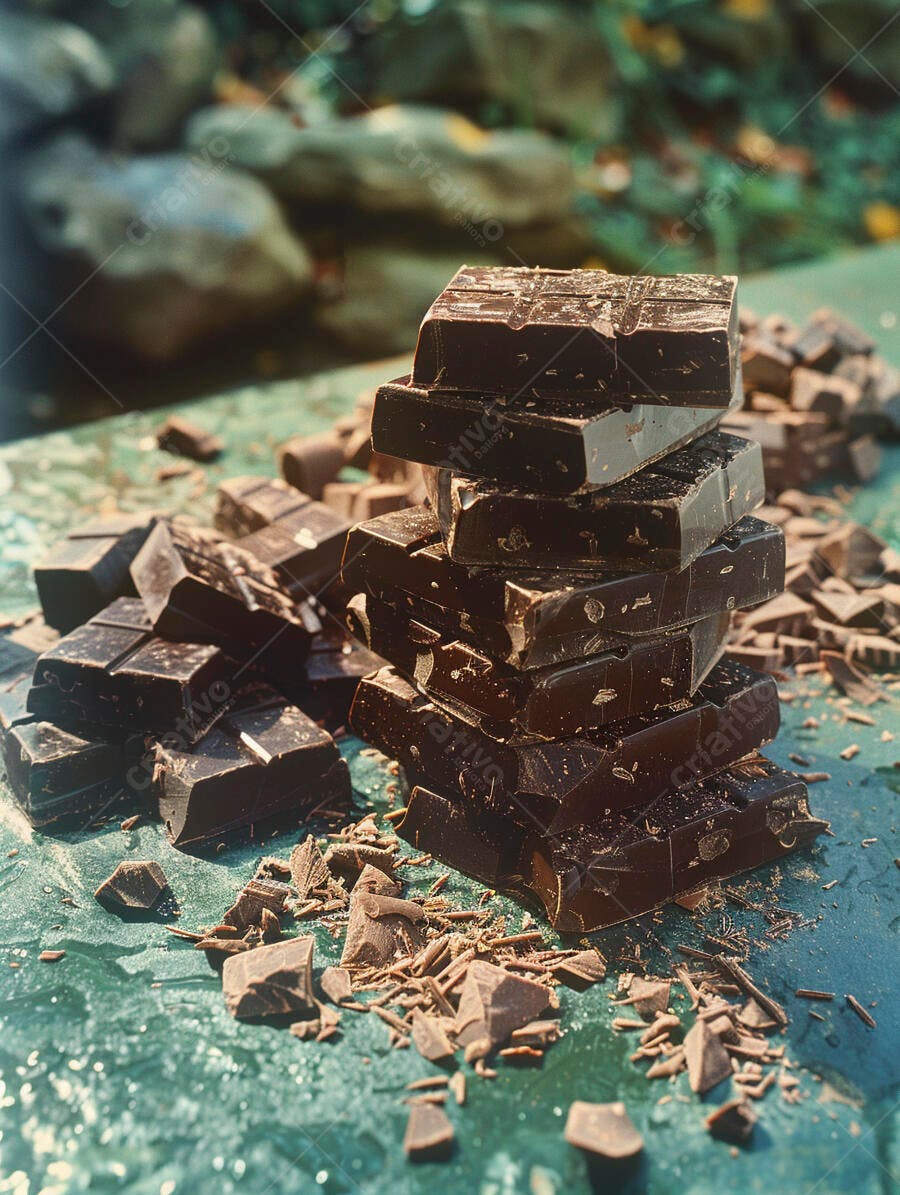 Chocolate amargo empilhado com pedaços de raspas em mesa verde ao ar livre