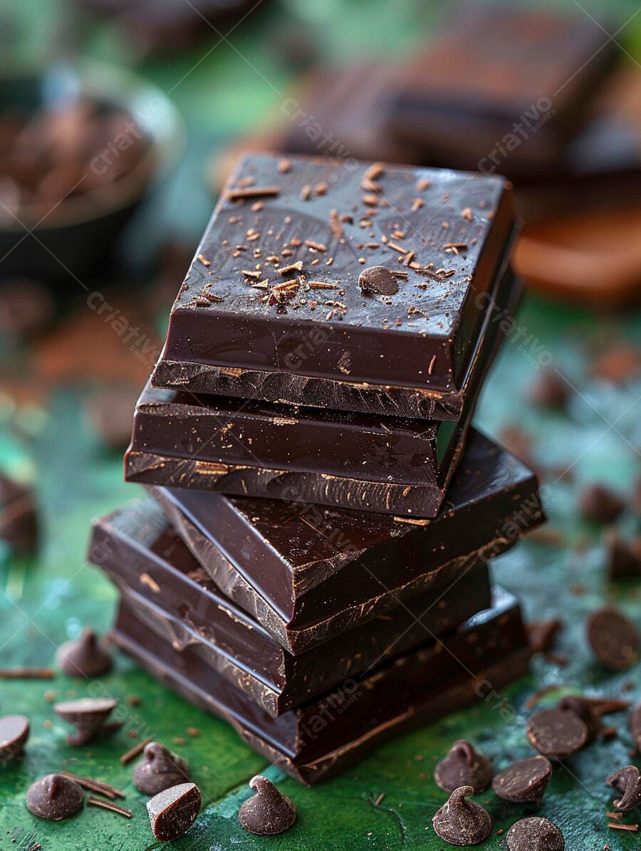 Barras de chocolate amargo empilhadas com lascas e gotas em fundo verde texturizado