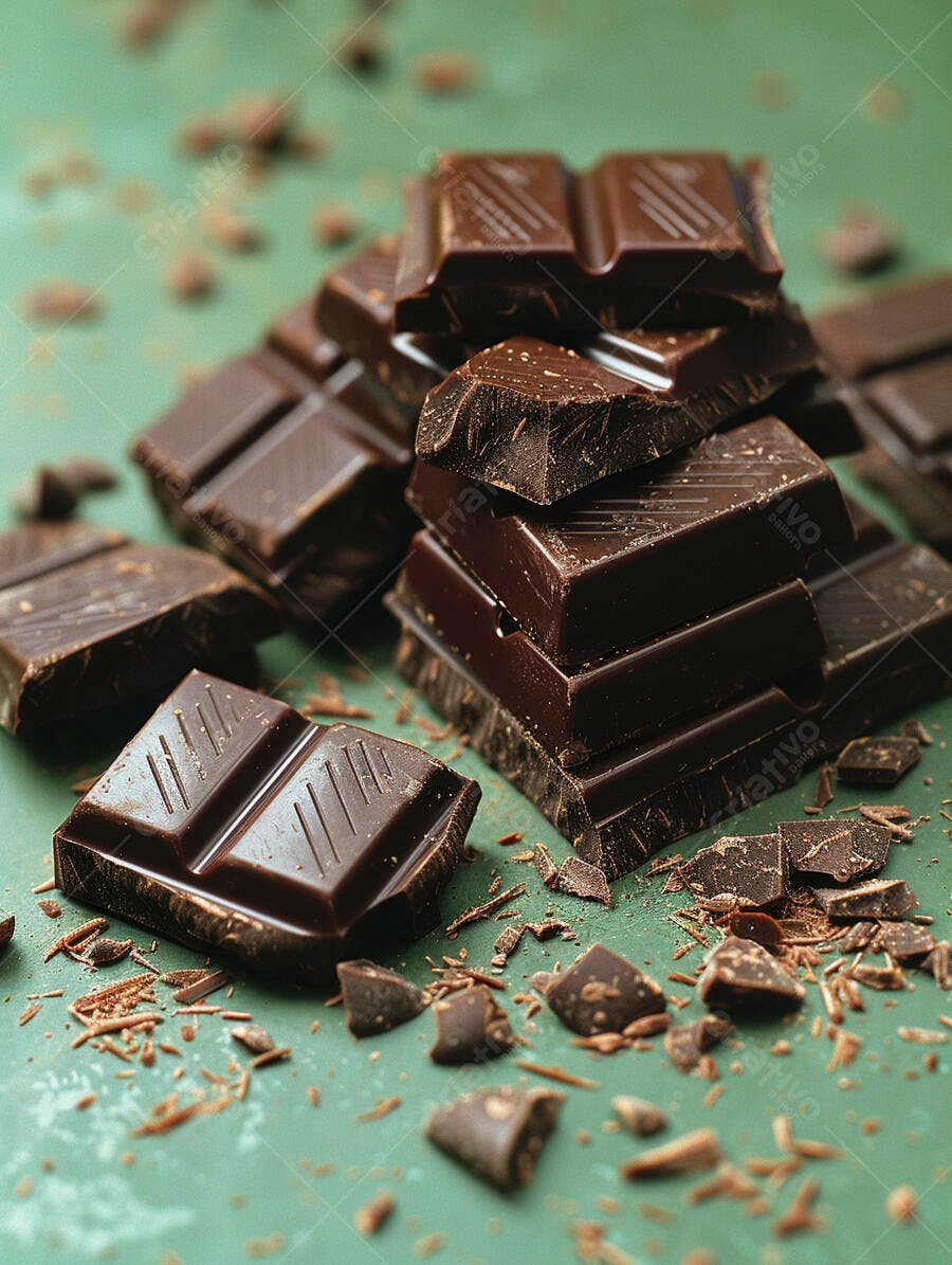 Barras de chocolate amargo quebrado em pedaços sobre fundo verde