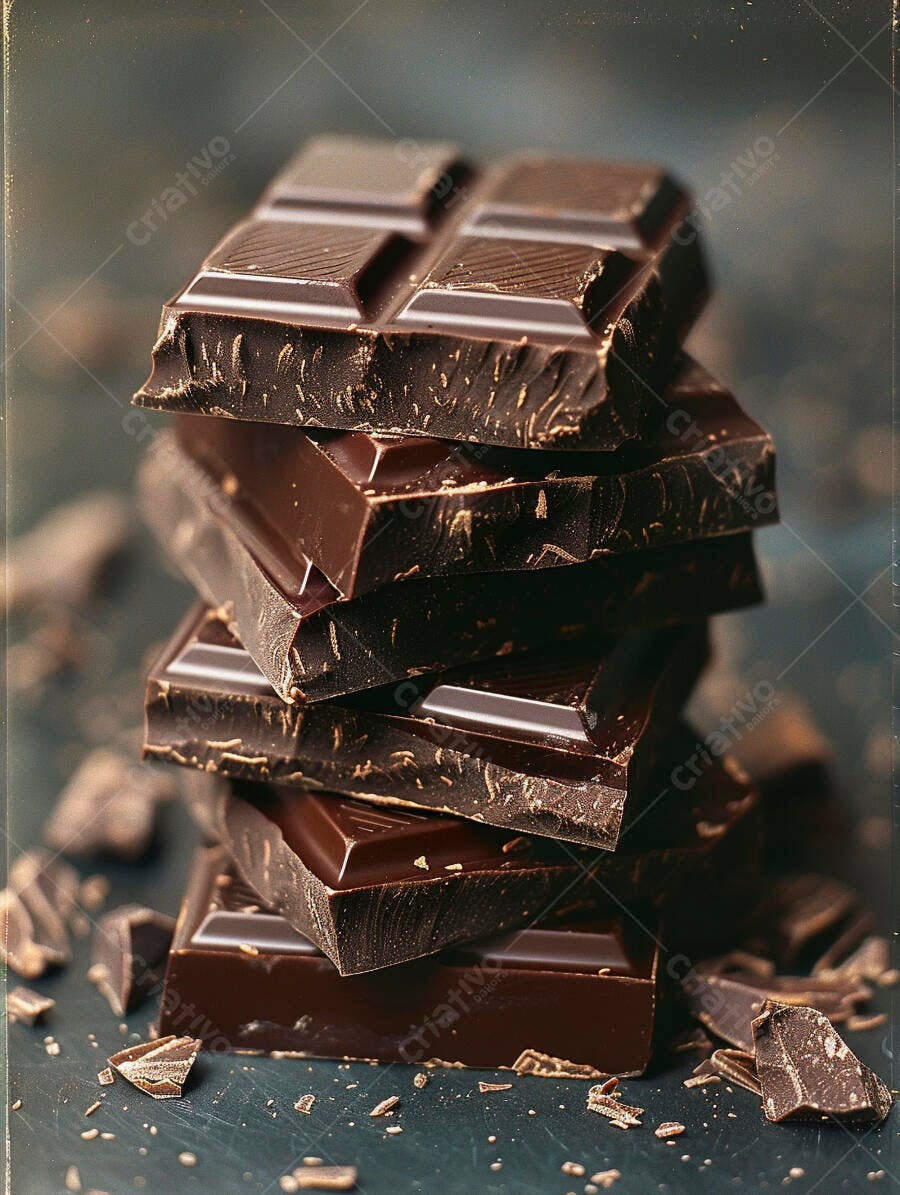 Pedaços de chocolate amargo empilhados com raspas sobre fundo escuro