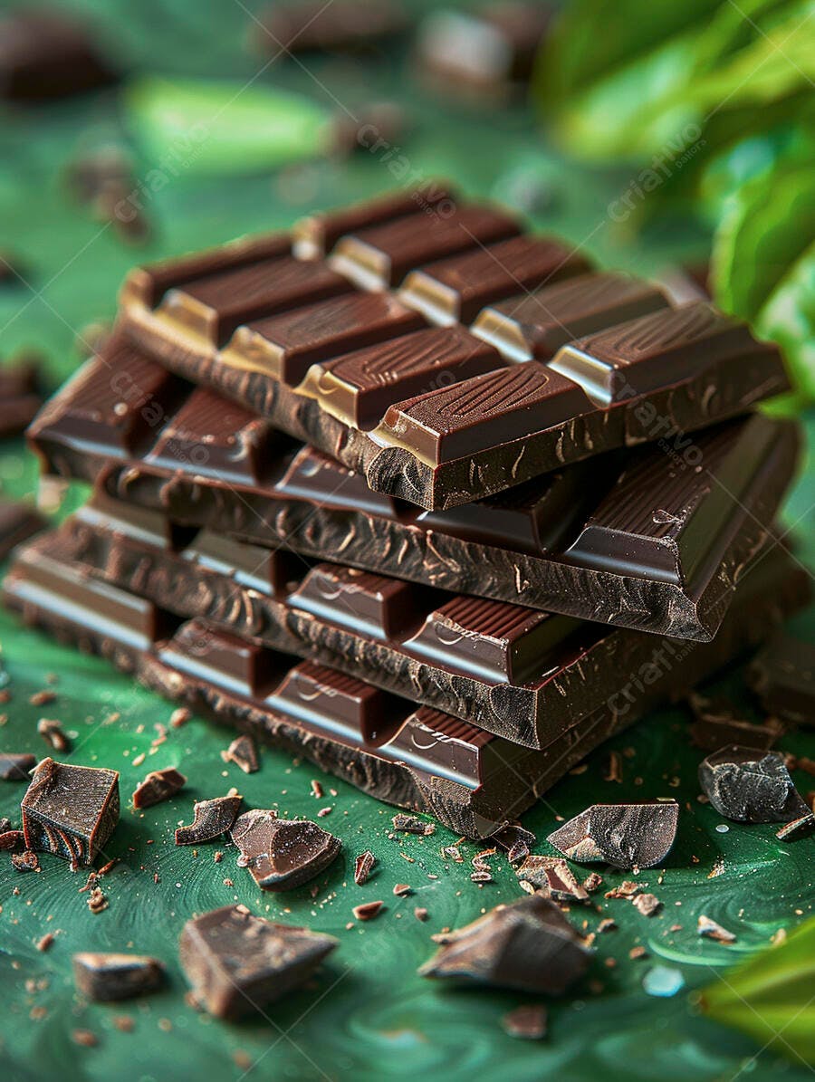 Barras de chocolate escuro empilhadas com pedaços em fundo verde