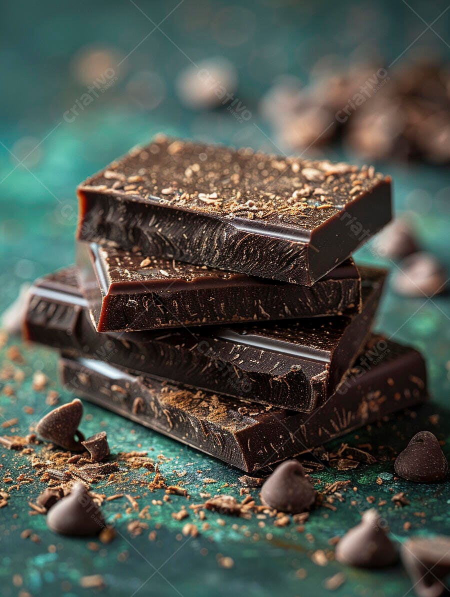 Barras de chocolate escuro empilhadas polvilhadas com raspas em fundo verde turquesa