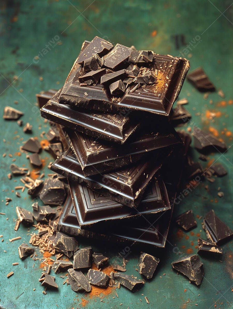 Chocolate escuro empilhado com pedaços e cacau em pó sobre fundo verde rústico