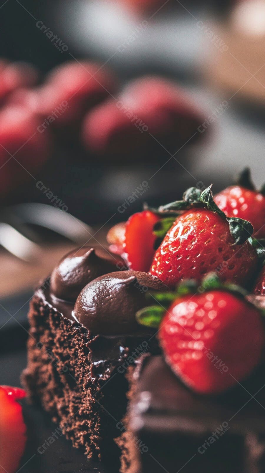 Bolo de chocolate com morangos frescos e cobertura cremosa