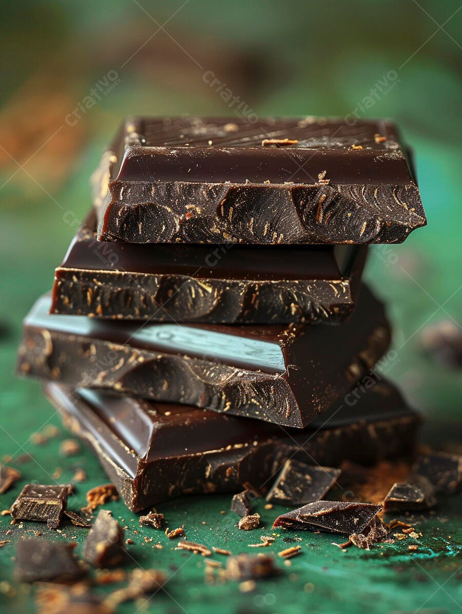 Chocolate amargo em pedaços empilhados sobre fundo verde texturizado