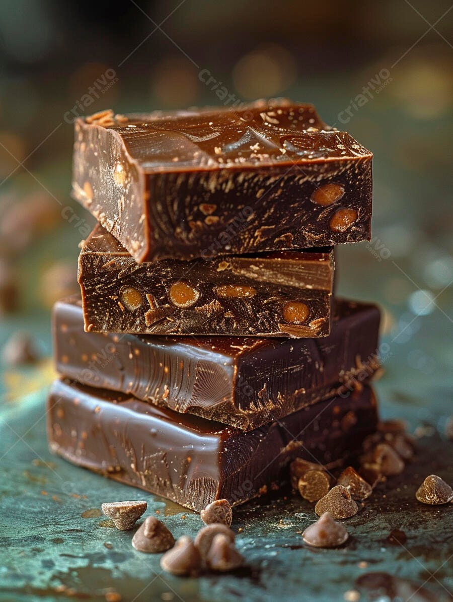 Barras de chocolate empilhadas com caramelo e gotas em fundo escuro